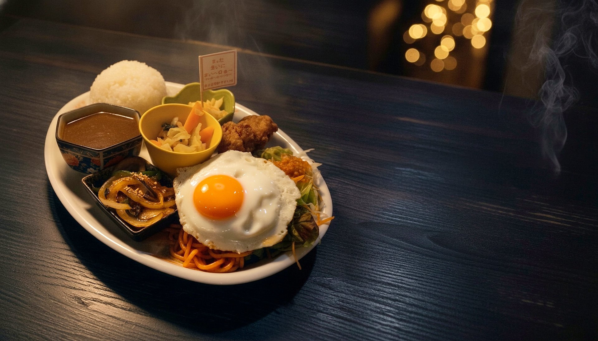 大人用子供プレート — ナポリタンに目玉焼き、唐揚げ、生姜焼き、ごはん、カレー、サラダを一皿に載せた食事処おだの名物