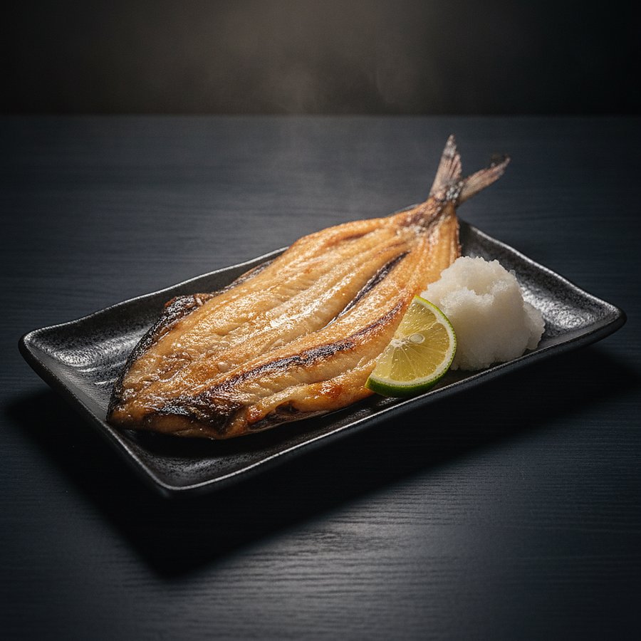 満足ほっけ焼き — 開いて焼いたほっけに大根おろしとレモン