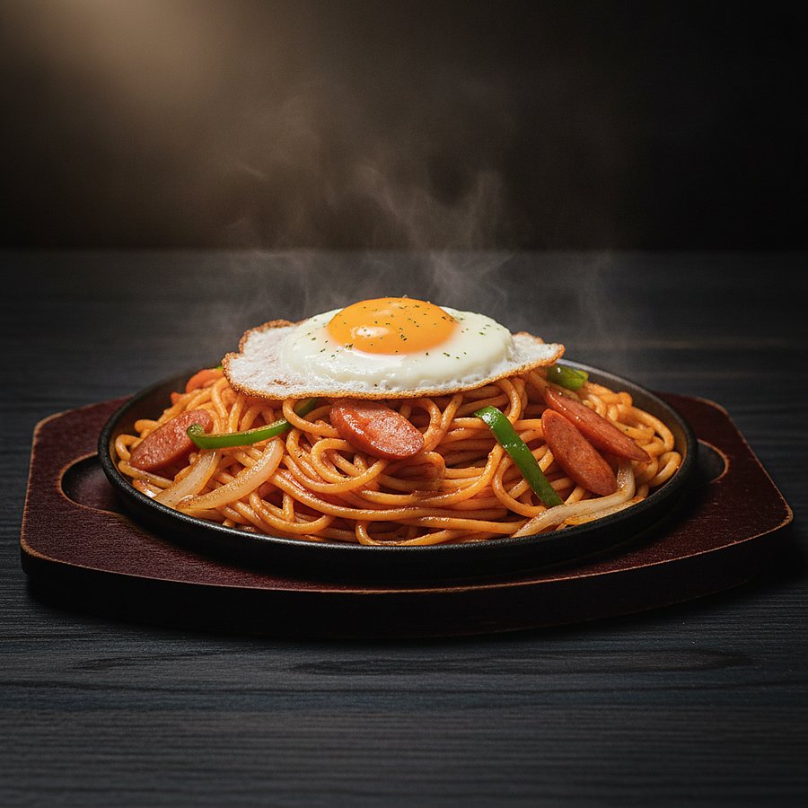 おだナポリタン — 鉄板の上のケチャップ色のスパゲッティに目玉焼き